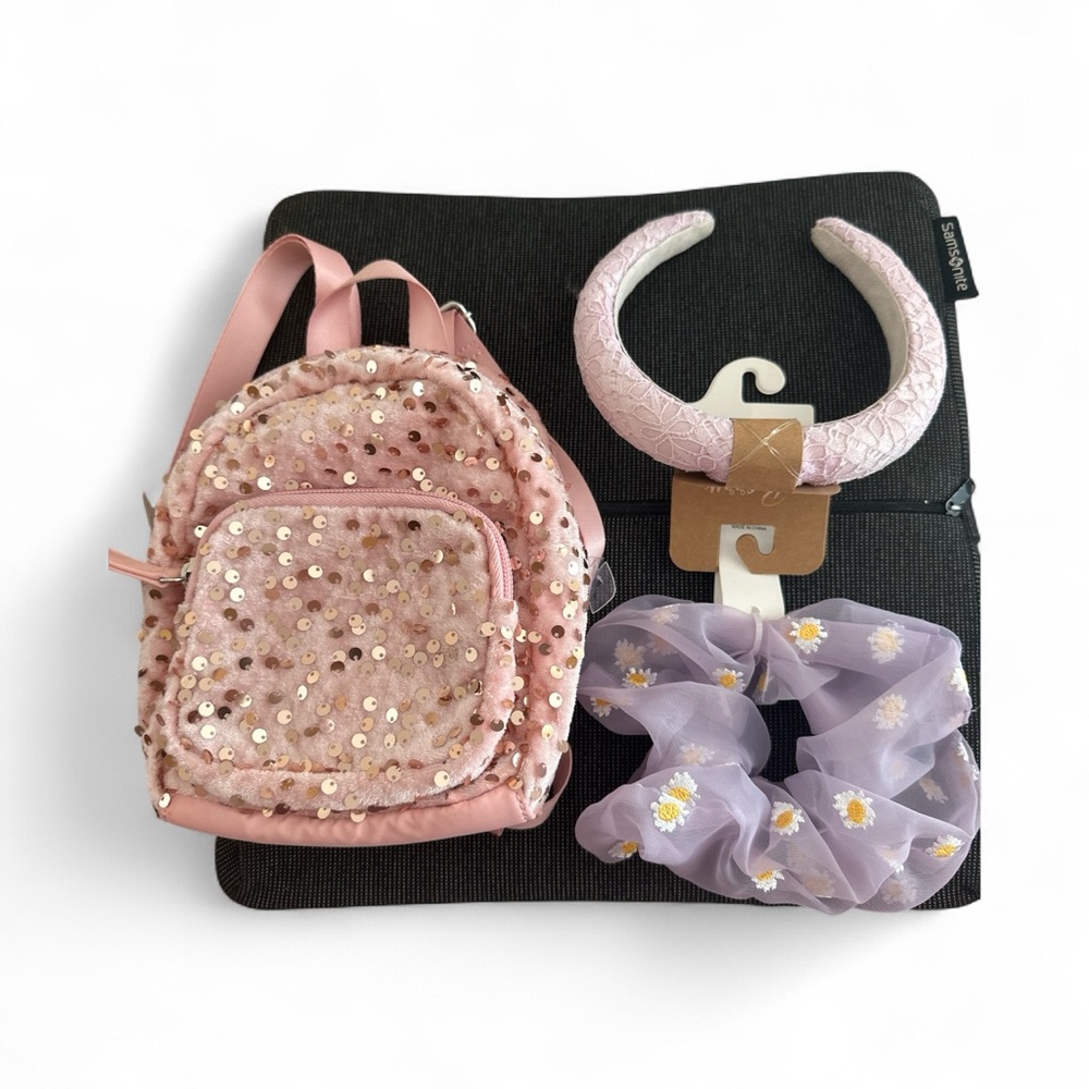NWT Bundle Pink Sequin Kids Backpack and Accessories Set